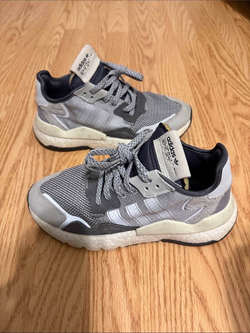 adidas Grey and White Mesh Suede Athletic Sneakers